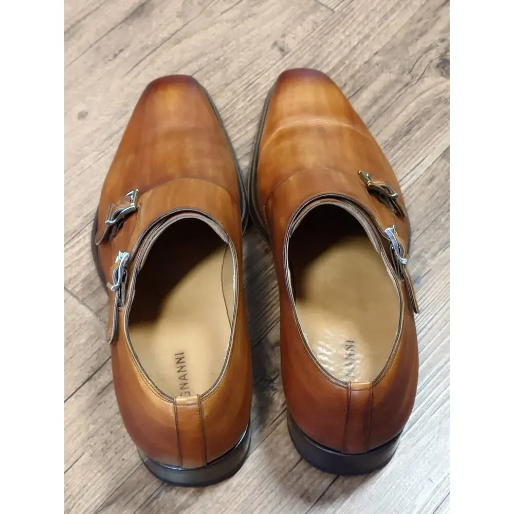 Magnanni Men’s Monk Strap 9.5M Tan Brown Burnished Leather Dress Shoes